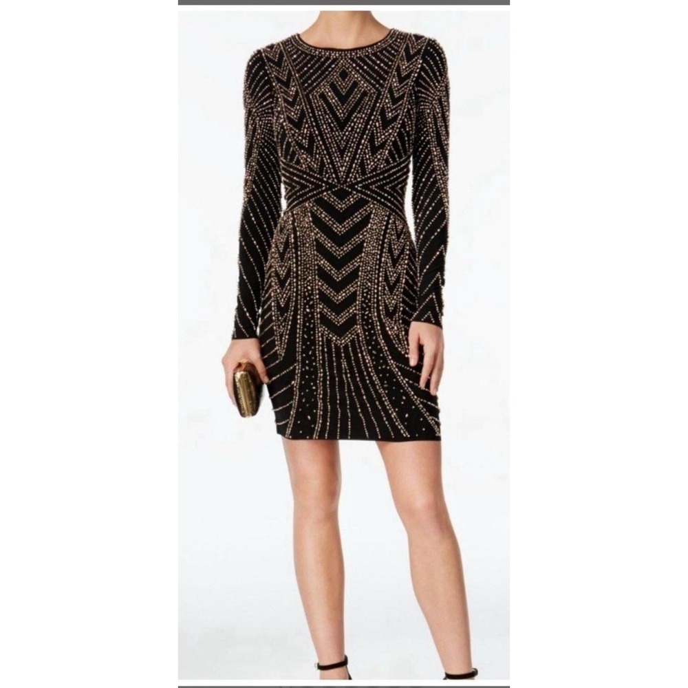 Xscape Beaded Bodycon Dress 14 Black Metallic Geometric Long Sleeve Cocktail NWT